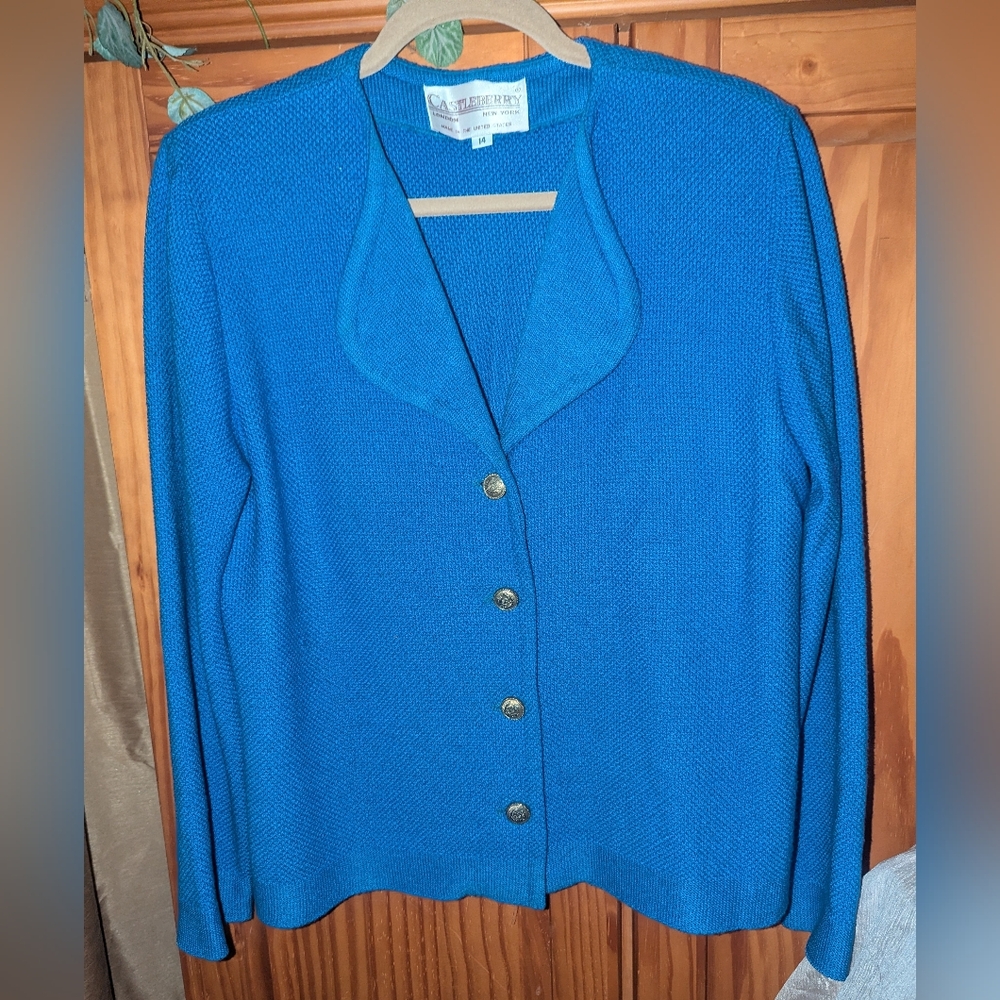 Vintage Retro Castleberry Blue Button-Up Cardigan. Size 14